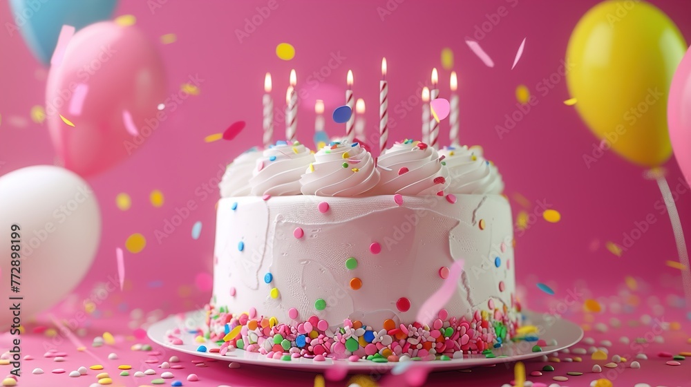 A delicious birthday cake with balloons and candles, against a lively pink backdrop. A delicious birthday cake with balloons and candles, against a lively pink backdrop.