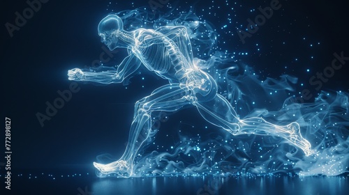 An illustration of orthopedic medical technology showing a man running with an x-ray of his skeleton photo