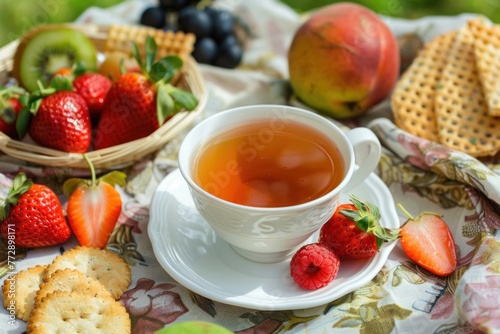Fresh and healthy breakfast with fruits, tea, and crackers on a sunny morning