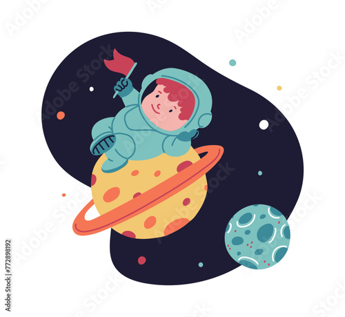 Child astronaut claiming planet vector illustration