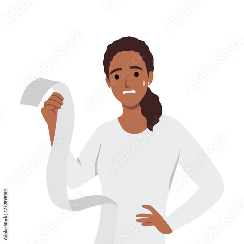 Financial theme with weary and shocked woman holding perusing the very long bill. Flat vector illustration isolated on white background