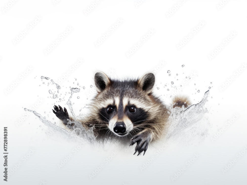A raccoon splashing in the water on a white background. Product for pet hygiene and bathing.