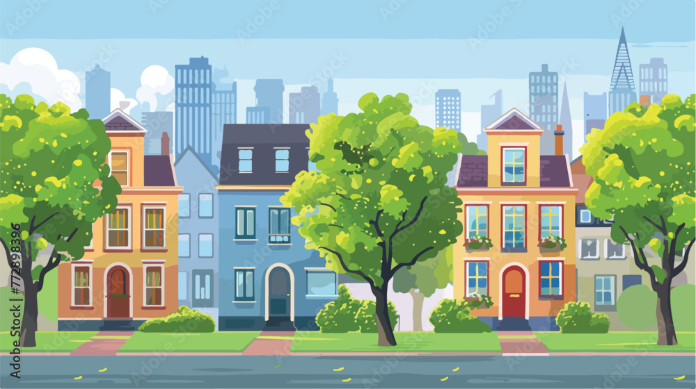 City with two twostory cartoon houses and green tree