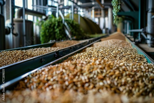 Industrial conveyor belt transporting grains for processing in factory.