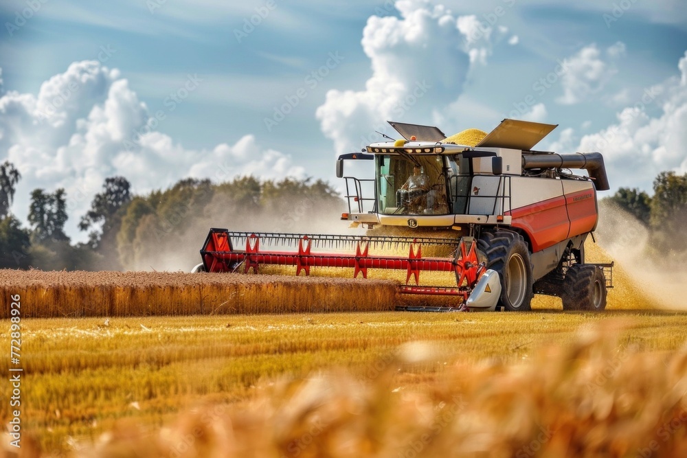 Obraz premium Red combine harvester in wheat field under clear blue sky during summer harvest