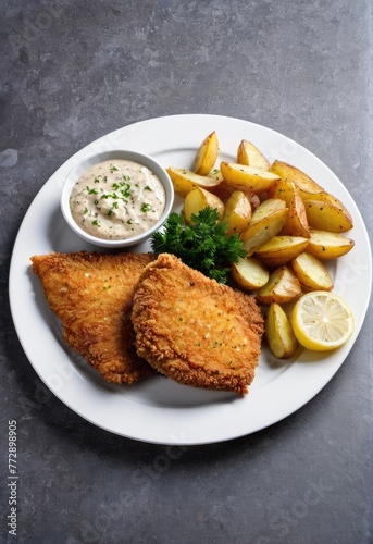 Breaded and fried fish fillets, typically served with remoulade sauce and potatoes 