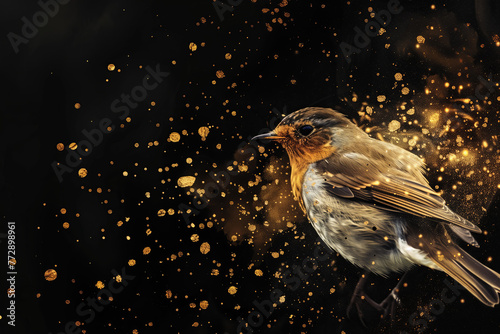  beautiful bird fling with golden paint splash isolated on black background © ALL YOU NEED studio