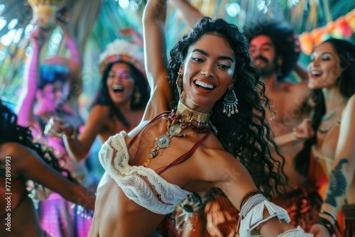 Ecstatic woman dancing with vibrant energy at a lively carnival celebration.