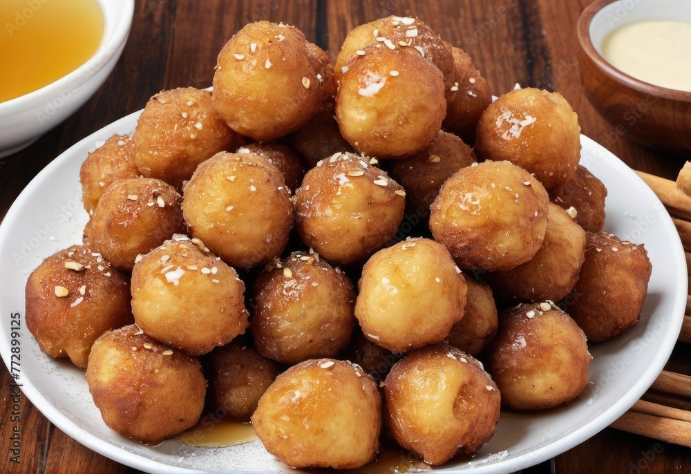 Deep-fried dough balls drizzled with honey or syrup, sometimes sprinkled with cinnamon or chopped nuts, served as a sweet dessert Deep-fried dough balls drizzled with honey or syrup, sometimes sprinkled with cinnamon or chopped nuts, served as a sweet dessert