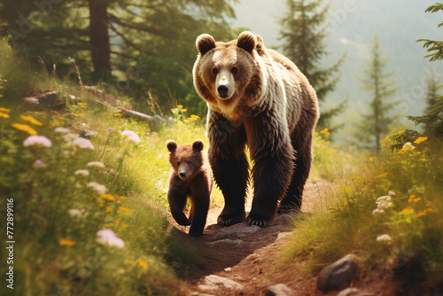 a bear and cub walking on a path