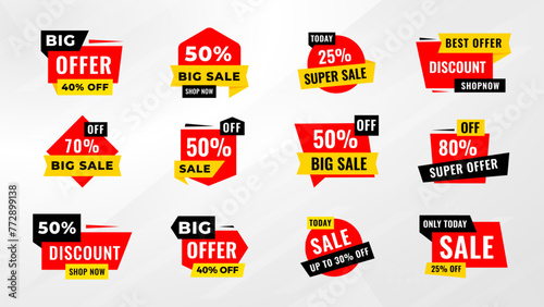  Sale tags collection. Special offer, big sale, discount, best price, mega sale banner set. Shop or online shopping. Sticker, badge, coupon store Vector Illustration