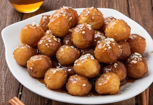 Deep-fried dough balls drizzled with honey or syrup, sometimes sprinkled with cinnamon or chopped nuts, served as a sweet dessert 