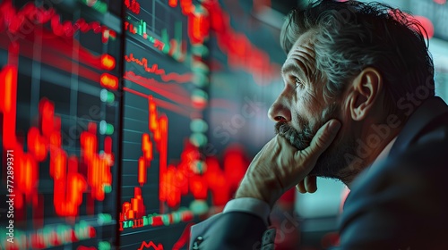 Close-up of a distressed investor watching stock market data dive, a moment of financial crisis