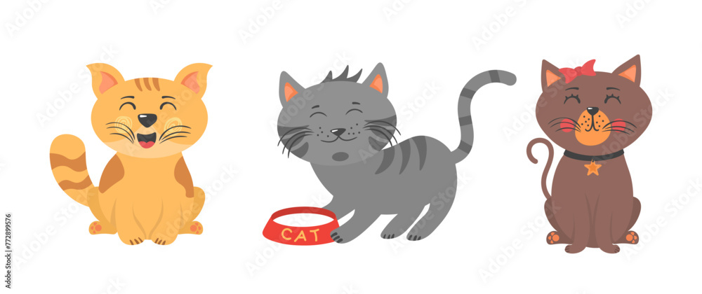 Cute kittens playing, stretching and sleeping. Different amusing pets isolated on white background. Cartoon cat characters collection. Flat color simple style design. Vector illustration