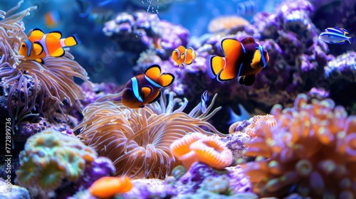 Clownfish in anemone in a vibrant coral reef aquarium.