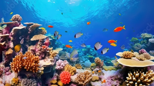 Underwater coral reef ecosystem with diverse marine life. Wide-angle photography.