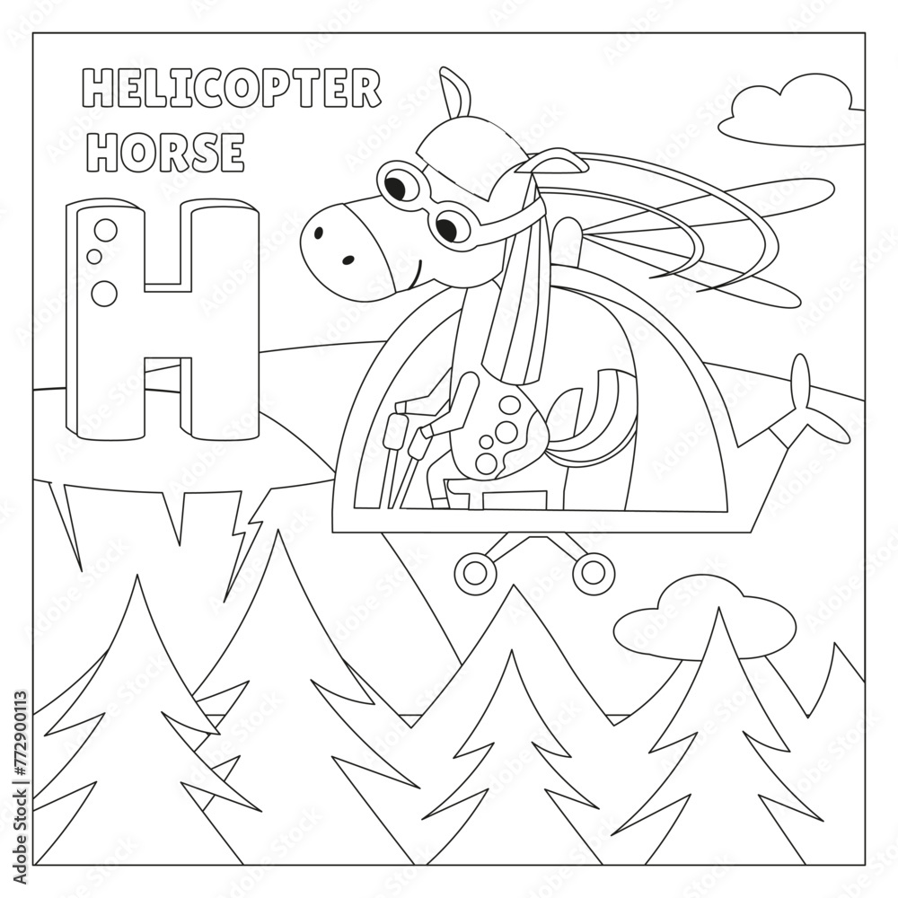 Obraz premium Cute Horse and helicopter. . Transport and animals. Letter H. Coloring page. Alphabet, card with cute cartoon style characters. ABC. Education for children. Preschool activity. Vector illustration.