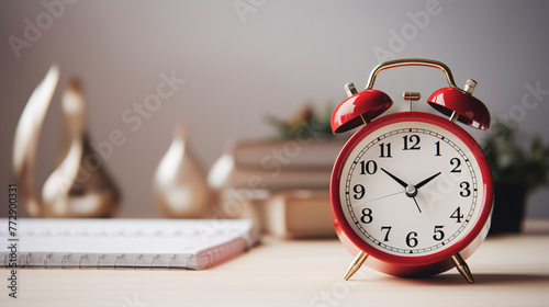 a red alarm clock on a desk