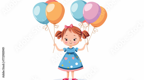 Cute cartoon baby girl in blue dress holds balloons.