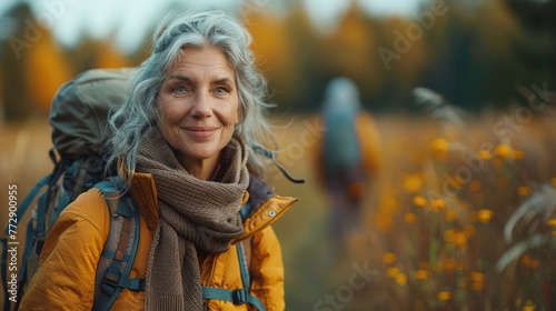 Mature woman with backpack hiking in autumn forest.