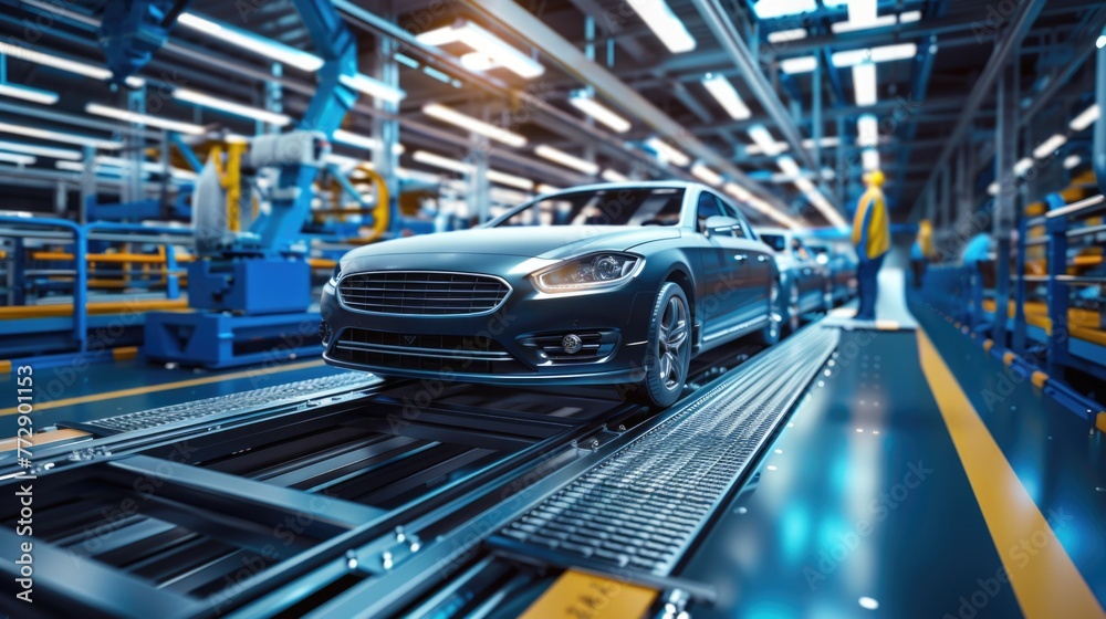 Luxury cars in a row on production line.