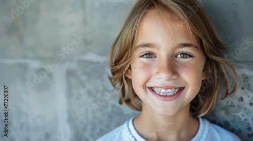 A child wearing braces smiling confidently. 