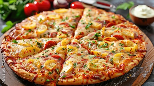 Freshly baked pizza with pineapple and ham toppings.