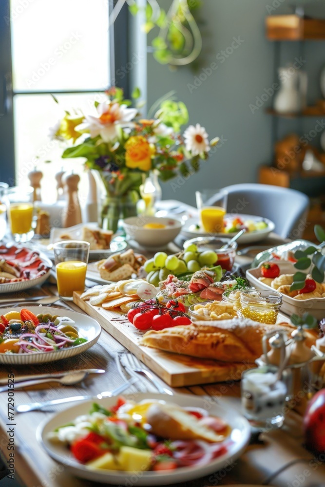 Breakfast table set with various dishes and drinks.