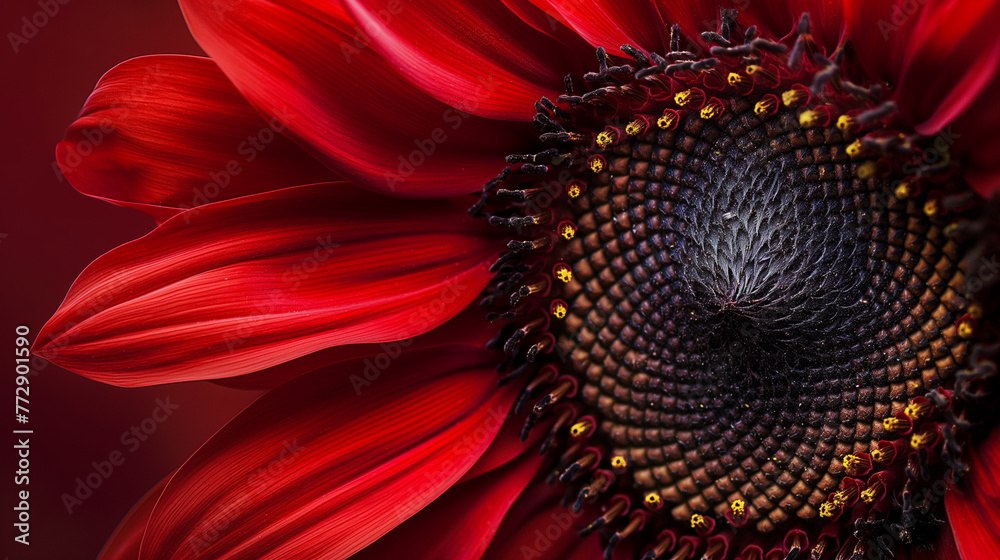Zbliżenie na kwiat czerwonego słonecznika - obrazy, fototapety, plakaty 