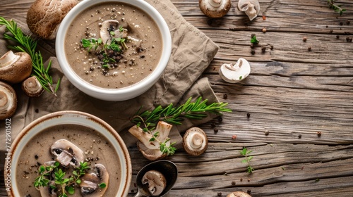 Mushroom cream soup in ceramic bowls on rustic wooden table.