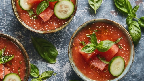 Watermelon gazpacho in ceramic bowls garnished with cucumber and basil.