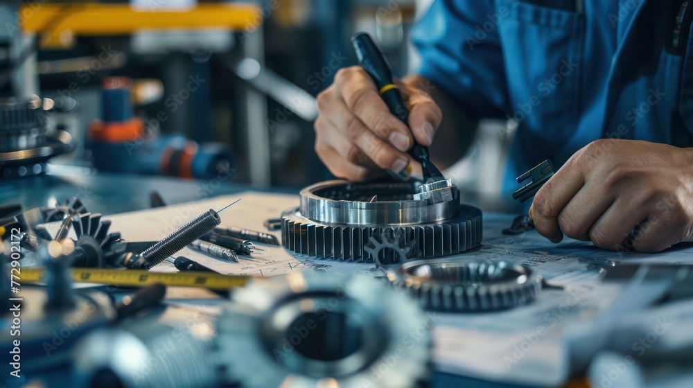 A Close-up view of engineers and technicians designing and engineering mechanical parts. Industrial engine factory, blueprints, bearing measurement, calipers, tools, industrial background. A Close-up view of engineers and technicians designing and engineering mechanical parts. Industrial engine factory, blueprints, bearing measurement, calipers, tools, industrial background.
