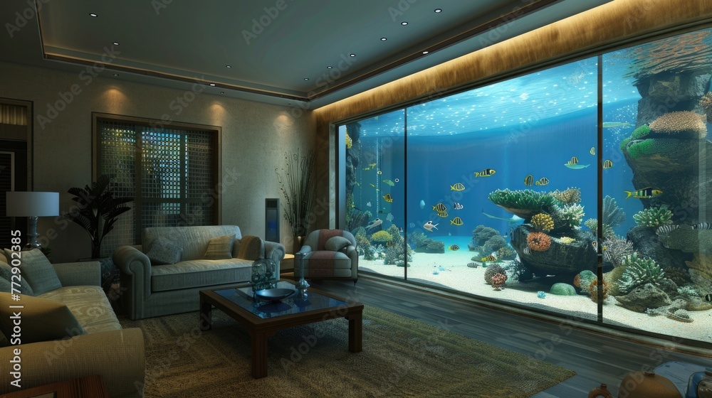 Naklejka premium Modern living room with large fish tank aquarium, coral and fish.