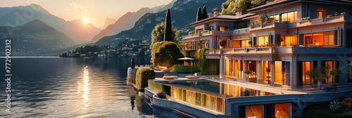 Idyllic Italian Lakeside: Picturesque Summer View of Lake Como, Surrounded by Lush Landscapes and Elegant Villas photo