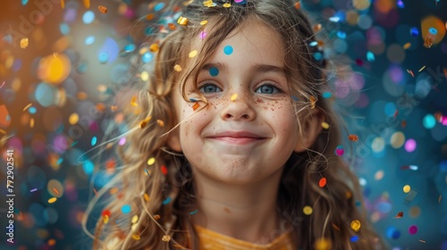 Smiling young girl with freckles surrounded by colorful confetti.