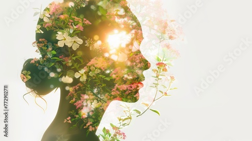 Illustration  blooming flowers in the structure of the silhouette of a woman s head with elements of blooming flowers.
