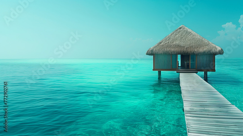 Secluded overwater bungalow with thatch roof on a tranquil turquoise ocean.