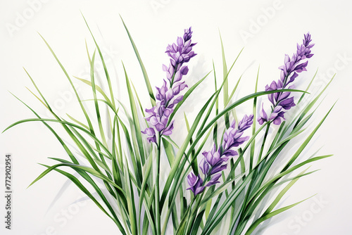 Blades of grass and lavender sprigs portrayed with hyper realistic details. Ai generated