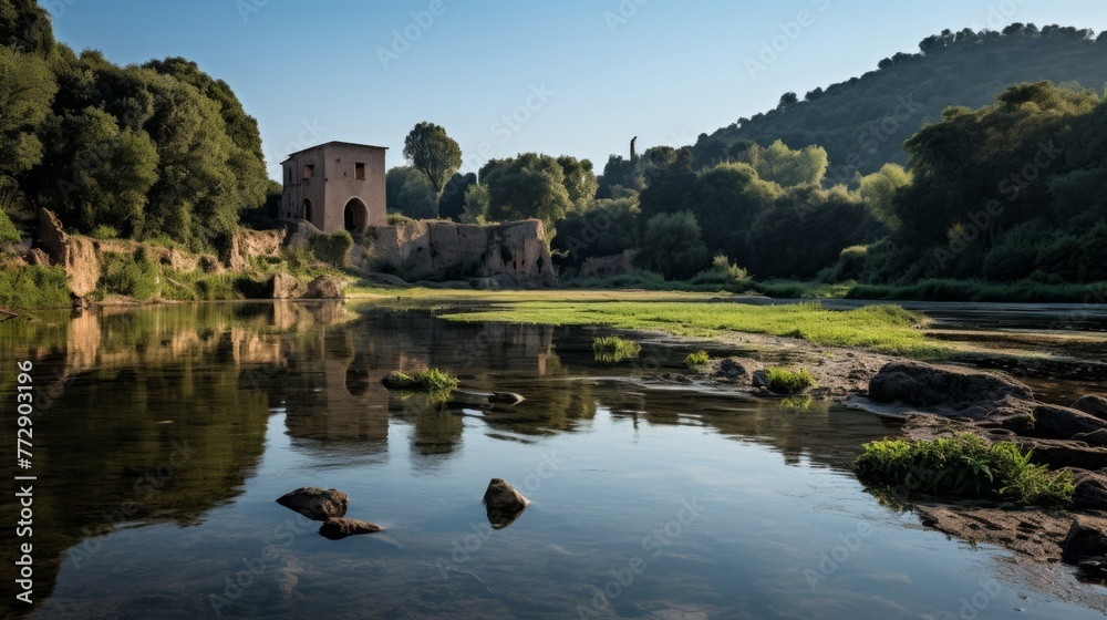 Historic landscape of calm river and ancient ruins Historic landscape of calm river and ancient ruins