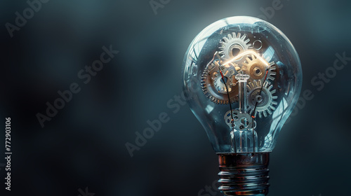 light bulb with its interior filled with detailed mechanical parts, technology concept.
