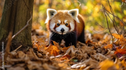 Habitat scenery with curious red panda in nature