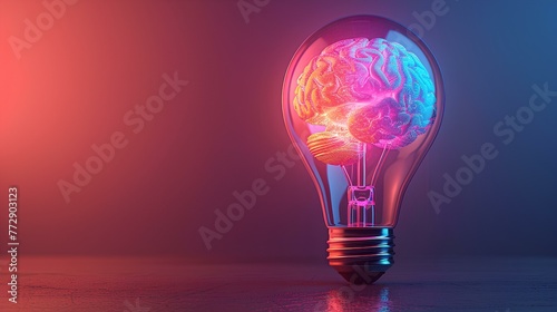 3D minimalist light bulb with a vibrant brain pattern, set against a calming pastel indigo background, denoting creative energy.