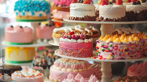 A tiered cake stand displaying a variety of colorful and unique birthday cakes, each with their own distinct decorations and flavors