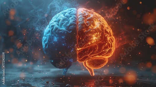 UXUI development concept, Graphic of a futuristic brain with user experience design and user interface design separated