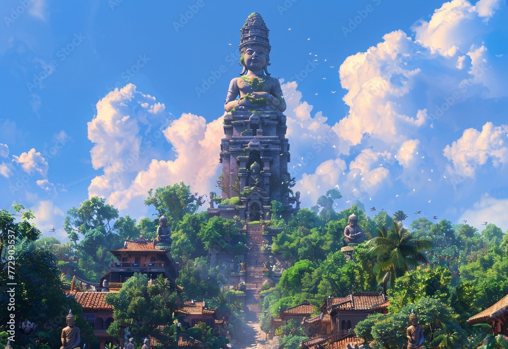 A majestic statue of Buddha stands tall amidst a lush green forest, surrounded by a serene atmosphere reminiscent of the monthly Full Moon celebrations. Generative AI - obrazy, fototapety, plakaty 