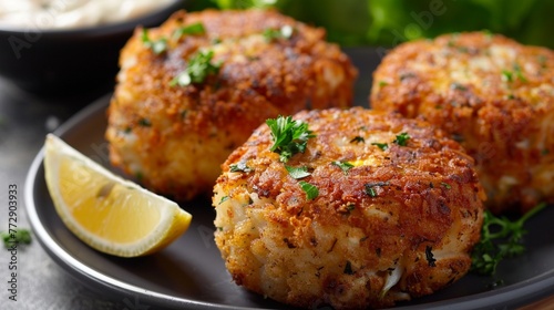 A tempting plate of Maryland crab cakes, featuring plump crab meat mixed with breadcrumbs, herbs, and spices, pan-fried until golden brown and served with a side of tangy remoulade sauce.