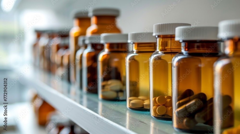 A line of medicine bottles filled with pills neatly arranged on a pharmaceutical shelf A line of medicine bottles filled with pills neatly arranged on a pharmaceutical shelf