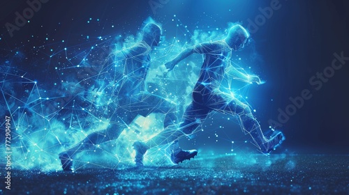 Futuristic wireframe of soccer players in low poly