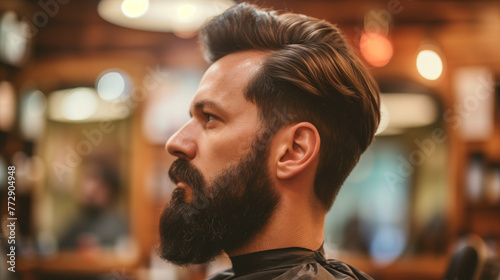 Stylish man at the barber shop showcasing modern grooming and hairstyle.