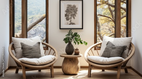 A cozy living room with two wooden chairs and a small table. The chairs are placed next to each other, and a potted plant is placed in front of one of them. The room has a warm and inviting atmosphere